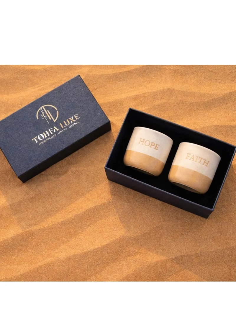 Tohfa Luxe Tohfa Luxe Hope & Faith Cup Set of 2 – Arabian Handcrafted Ceramic Mugs – “Hope ” + “Faith ” Engraved in English & Arabic – Desert Sand Large